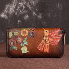 Womens Hummingbird Coffee Leather Wristlet Wallet Floral Ladies Zipper Clutch Wallet Zip Around Wallet for Women