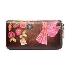 Womens Hummingbird Coffee Leather Wristlet Wallet Floral Ladies Zipper Clutch Wallet Zip Around Wallet for Women