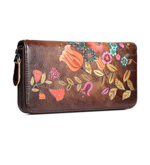 Womens Hummingbird Coffee Leather Wristlet Wallet Floral Ladies Zipper Clutch Wallet Zip Around Wallet for Women