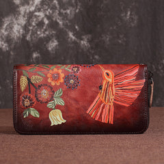 Womens Hummingbird Brown Leather Zip Around Wallet Wristlet Wallet Floral Ladies Zipper Clutch Wallet for Women
