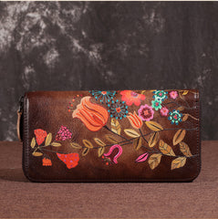 Womens Hummingbird Coffee Leather Wristlet Wallet Floral Ladies Zipper Clutch Wallet Zip Around Wallet for Women