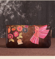 Womens Hummingbird Coffee Leather Wristlet Wallet Floral Ladies Zipper Clutch Wallet Zip Around Wallet for Women