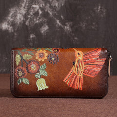 Womens Hummingbird Coffee Leather Wristlet Wallet Floral Ladies Zipper Clutch Wallet Zip Around Wallet for Women