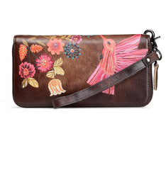 Womens Hummingbird Coffee Leather Wristlet Wallet Floral Ladies Zipper Clutch Wallet Zip Around Wallet for Women