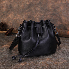 Womens Black Leather Barrel Crossbody Bag Purse Vintage Round Bucket Shoulder Bag for Women