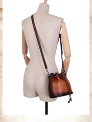 Womens Brown Leather Barrel Crossbody Bag Purse Vintage Round Bucket Shoulder Bag for Women