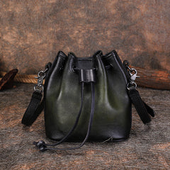 Womens Black Leather Barrel Crossbody Bag Purse Vintage Round Bucket Shoulder Bag for Women