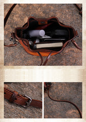 Womens Brown Leather Barrel Crossbody Bag Purse Vintage Round Bucket Shoulder Bag for Women