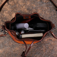 Womens Brown Leather Barrel Crossbody Bag Purse Vintage Round Bucket Shoulder Bag for Women
