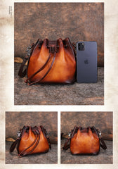 Womens Brown Leather Barrel Crossbody Bag Purse Vintage Round Bucket Shoulder Bag for Women