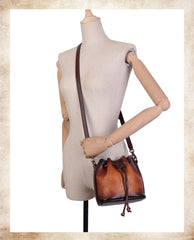 Womens Brown Leather Barrel Crossbody Bag Purse Vintage Round Bucket Shoulder Bag for Women