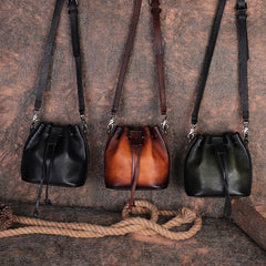 Womens Black Leather Barrel Crossbody Bag Purse Vintage Round Bucket Shoulder Bag for Women