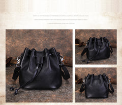 Womens Black Leather Barrel Crossbody Bag Purse Vintage Round Bucket Shoulder Bag for Women