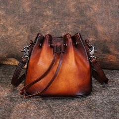 Womens Brown Leather Barrel Crossbody Bag Purse Vintage Round Bucket Shoulder Bag for Women