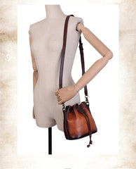 Womens Brown Leather Barrel Crossbody Bag Purse Vintage Round Bucket Shoulder Bag for Women