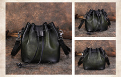 Womens Brown Leather Barrel Crossbody Bag Purse Vintage Round Bucket Shoulder Bag for Women