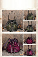 Womens Brown Leather Barrel Handbag Purse Vintage Rivet Round Shoulder Bag Bucket Crossbody Handbag for Women