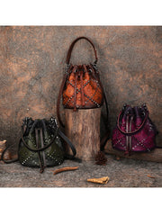 Womens Green Leather Barrel Handbag Purse Vintage Rivet Round Shoulder Bag Bucket Crossbody Handbag for Women