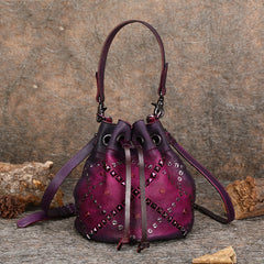 Womens Brown Leather Barrel Handbag Purse Vintage Rivet Round Shoulder Bag Bucket Crossbody Handbag for Women