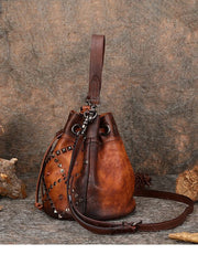 Womens Green Leather Barrel Handbag Purse Vintage Rivet Round Shoulder Bag Bucket Crossbody Handbag for Women