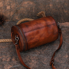 Womens Red Leather Barrel Shoulder Bag Purse Vintage Round Handbag Bucket Crossbody Purse for Women