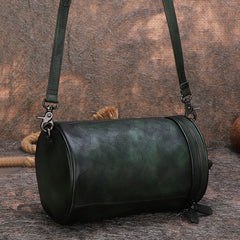 Womens Green Leather Barrel Shoulder Bag Purse Vintage Round Handbag Bucket Crossbody Purse for Women