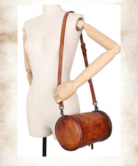 Womens Black Gray Leather Barrel Shoulder Bag Purse Vintage Round Handbag Bucket Crossbody Purse for Women