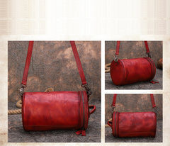 Womens Red Leather Barrel Shoulder Bag Purse Vintage Round Handbag Bucket Crossbody Purse for Women