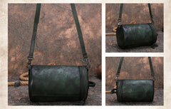 Womens Green Leather Barrel Shoulder Bag Purse Vintage Round Handbag Bucket Crossbody Purse for Women