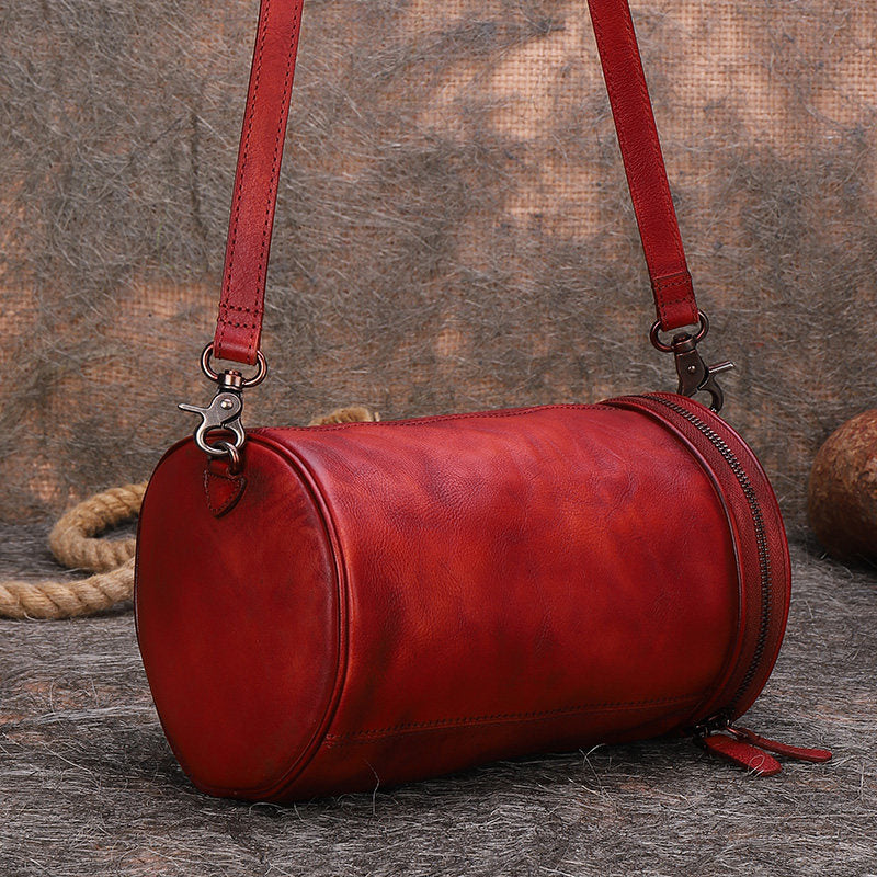 Womens Leather Barrel Shoulder Bag Purse Vintage Round Handbag Bucket Crossbody Purse for Women