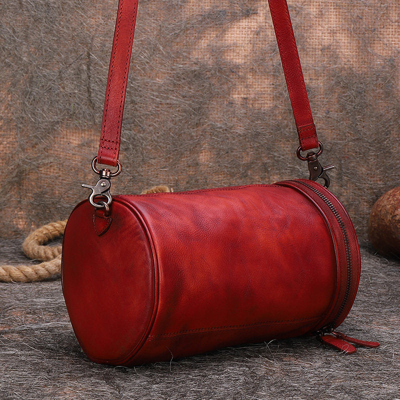 Womens Red Leather Barrel Shoulder Bag Purse Vintage Round Handbag Buc