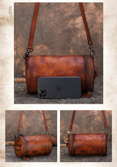 Womens Black Gray Leather Barrel Shoulder Bag Purse Vintage Round Handbag Bucket Crossbody Purse for Women