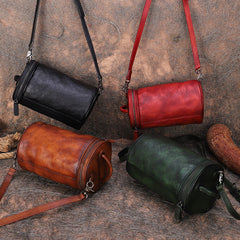 Womens Red Leather Barrel Shoulder Bag Purse Vintage Round Handbag Bucket Crossbody Purse for Women