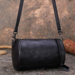 Womens Black Gray Leather Barrel Shoulder Bag Purse Vintage Round Handbag Bucket Crossbody Purse for Women