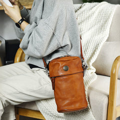 Womens Coffee Leather Bucket Crossbody Bag Purse Vintage Handmade Round Barrel Shoulder Bag for Women