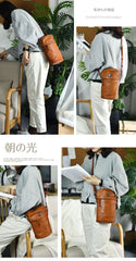 Womens Coffee Leather Bucket Crossbody Bag Purse Vintage Handmade Round Barrel Shoulder Bag for Women