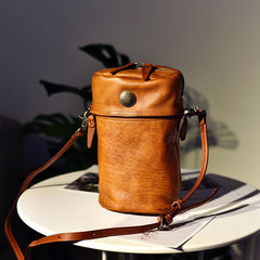 Womens Black Leather Bucket Crossbody Bag Purse Vintage Handmade Round Barrel Shoulder Bag for Women