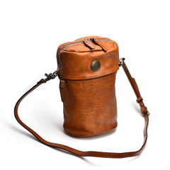 Womens Coffee Leather Bucket Crossbody Bag Purse Vintage Handmade Round Barrel Shoulder Bag for Women