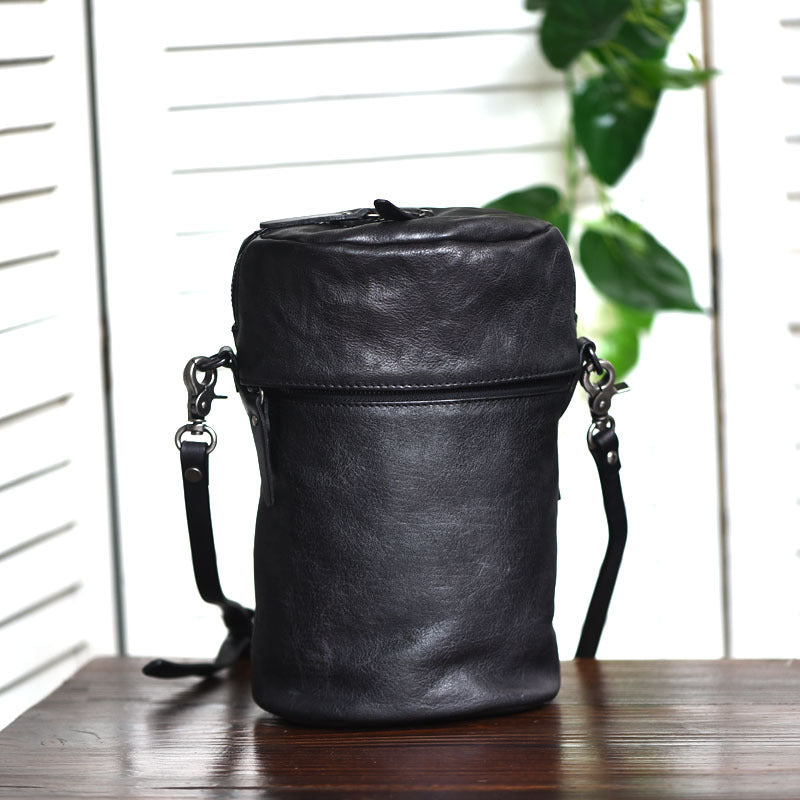 Womens Black Leather Bucket Crossbody Bag Purse Vintage Handmade Round Barrel Shoulder Bag for Women