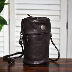 Womens Black Leather Bucket Crossbody Bag Purse Vintage Handmade Round Barrel Shoulder Bag for Women