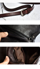Womens Black Leather Bucket Crossbody Bag Purse Vintage Handmade Round Barrel Shoulder Bag for Women