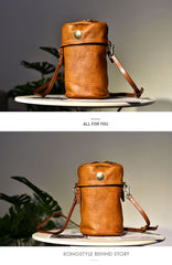 Womens Coffee Leather Bucket Crossbody Bag Purse Vintage Handmade Round Barrel Shoulder Bag for Women