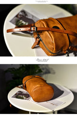 Womens Black Leather Bucket Crossbody Bag Purse Vintage Handmade Round Barrel Shoulder Bag for Women