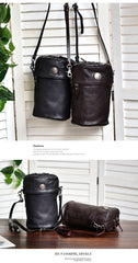 Womens Black Leather Bucket Crossbody Bag Purse Vintage Handmade Round Barrel Shoulder Bag for Women