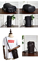 Womens Black Leather Bucket Crossbody Bag Purse Vintage Handmade Round Barrel Shoulder Bag for Women