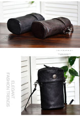 Womens Coffee Leather Bucket Crossbody Bag Purse Vintage Handmade Round Barrel Shoulder Bag for Women