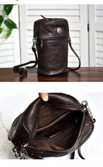 Womens Black Leather Bucket Crossbody Bag Purse Vintage Handmade Round Barrel Shoulder Bag for Women