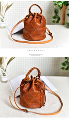 Womens Red Leather Bucket Shoulder Bag Purse Vintage Split Joint Barrel Round Handbag Crossbody Purse for Women