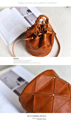 Womens Red Leather Bucket Shoulder Bag Purse Vintage Split Joint Barrel Round Handbag Crossbody Purse for Women