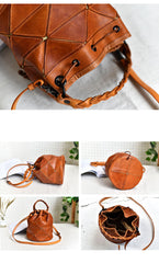 Womens Red Leather Bucket Shoulder Bag Purse Vintage Split Joint Barrel Round Handbag Crossbody Purse for Women